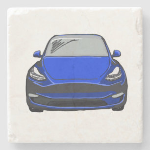 Blue Electric Vehicle SUV Car Drawing Stone Coaster