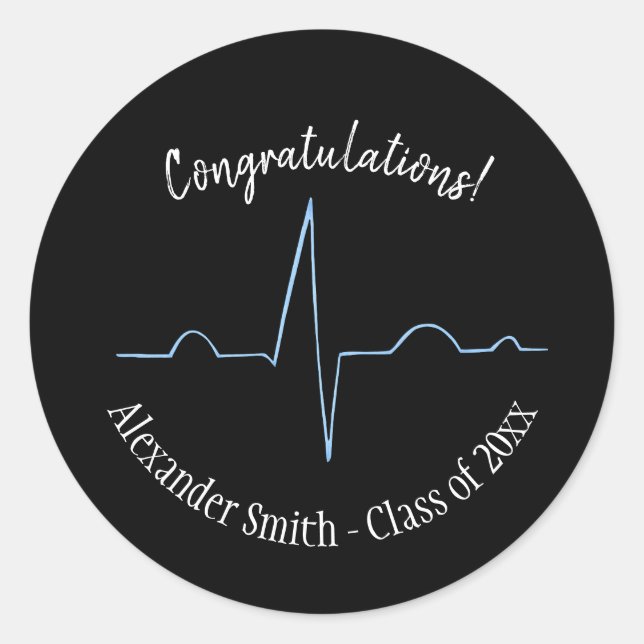 Blue Electrocardiogram Personalised Graduation  Classic Round Sticker (Front)