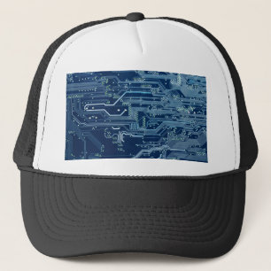 blue electronic circuit board computer pattern trucker hat