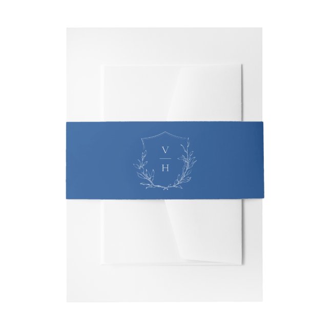 Blue elegance botanical crest monogram wedding invitation belly band (Front Example)