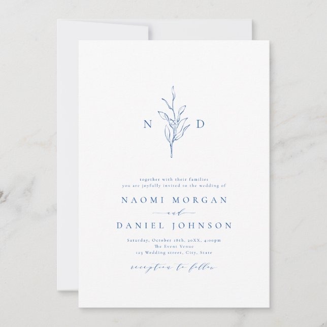 Blue elegance botanical monogram rustic wedding invitation (Front)