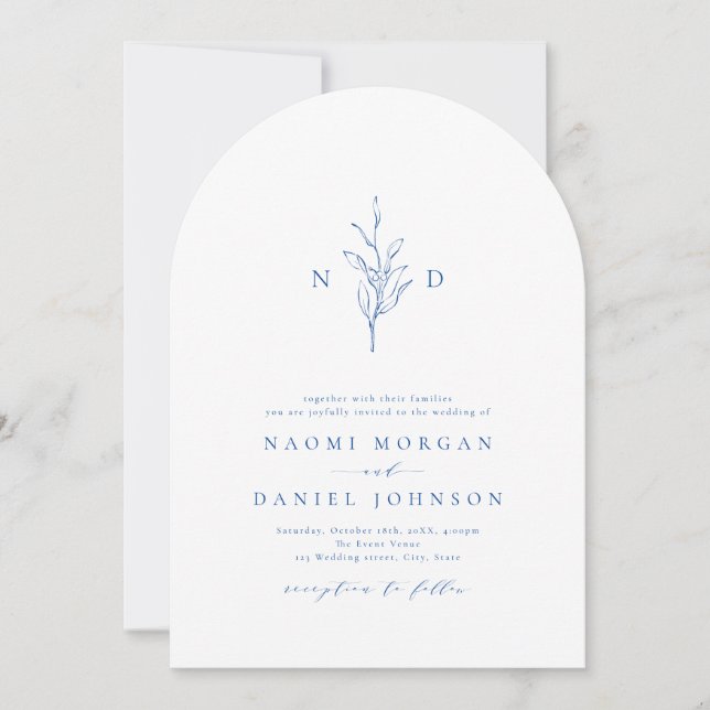 Blue elegance botanical monogram rustic wedding invitation (Front)