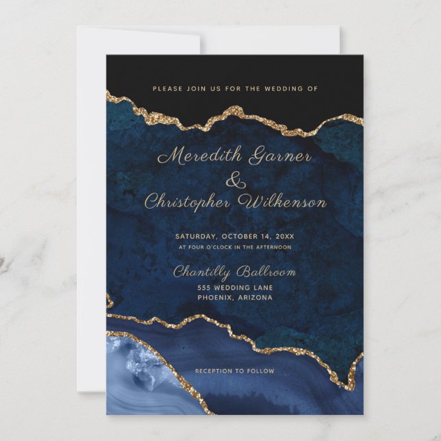 Blue Elegance Gold Glitter Agate Wedding Invitation (Front)