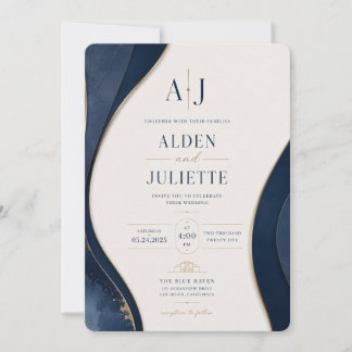 Blue Elegance Royal Wave Wedding Invitation | Navy