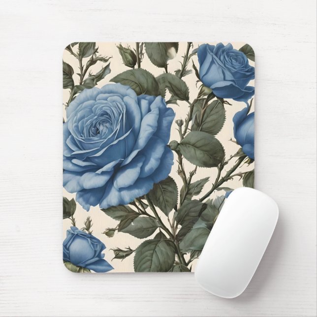 Blue Elegance: Vintage Provincial Roses in Bloom Mouse Pad (With Mouse)