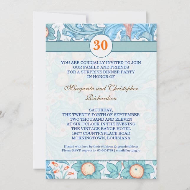 blue elegant 30th wedding anniversary invitations (Front)