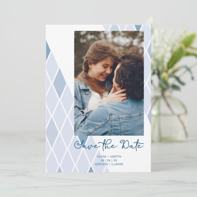 Blue Elegant Abstract Photo Sophisticated Wedding  Save The Date (Standing Front)