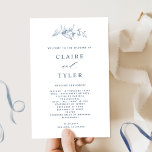 Blue Elegant and Simple Wedding Program<br><div class="desc">Contemporary, simple, and elegant wedding program with a beautiful hand-drawn botanical detail. White and blue design with modern handwritten calligraphy elements. Ability to make text changes and adjustments by selecting "Edit using design tool". Front with wedding ceremony details, back with wedding party names and thank you message for your guests....</div>