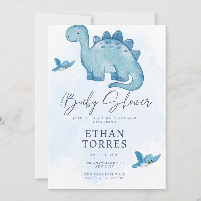 blue elegant baby shower invitation cute dinosaur  (Front)