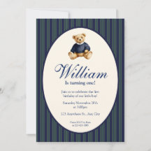 Blue Elegant Babys First Birthday Teddy Bear Invit