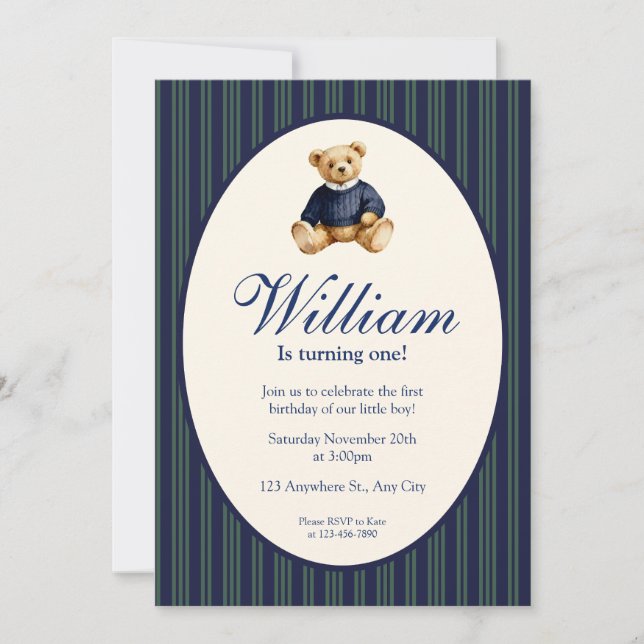 Blue Elegant Babys First Birthday Teddy Bear Invit Invitation (Front)
