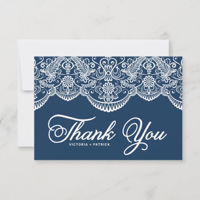 Blue Elegant Botanical Brocade Lace Wedding Thank You Card (Front)
