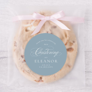 Blue Elegant Calligraphy Christening Thank You Classic Round Sticker