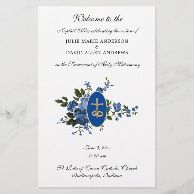 Blue Elegant Catholic Wedding Program  Stationery (Front)