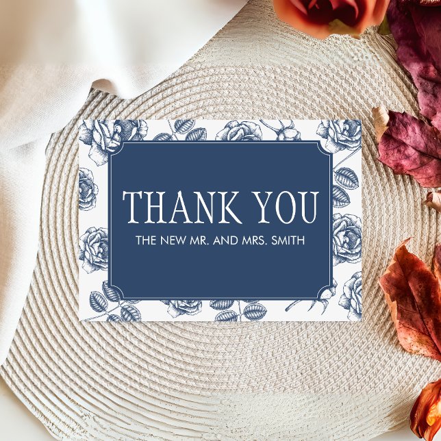 Blue Elegant Chinoiserie Wedding Thank You Card (Blue Vintage Elegant Wedding  Thank you Card)