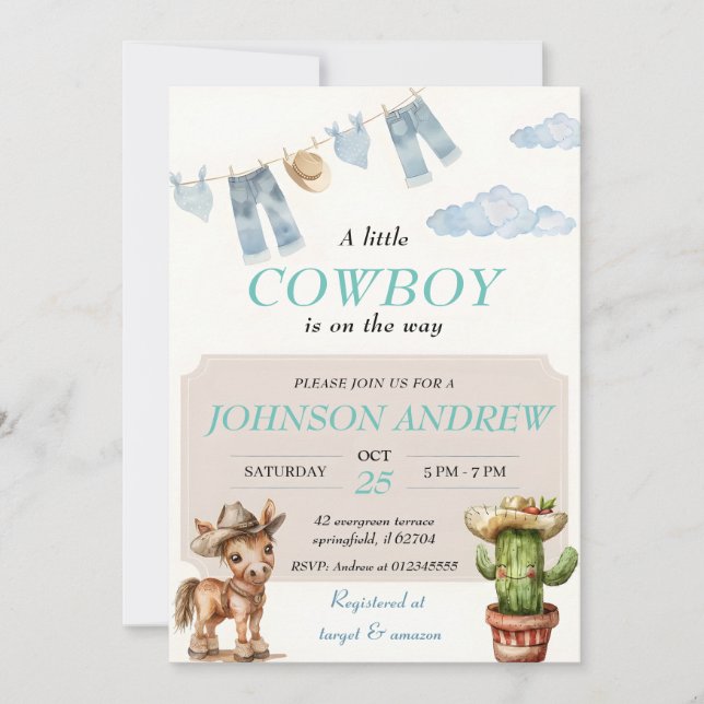 Blue Elegant Cowboy Baby Shower Invitation (Front)