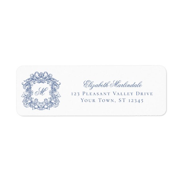 Blue Elegant Crest Monogram Wedding Return Address (Front)