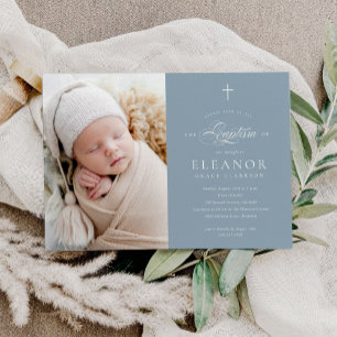 Blue Elegant Cross Calligraphy Photo Baptism Invitation