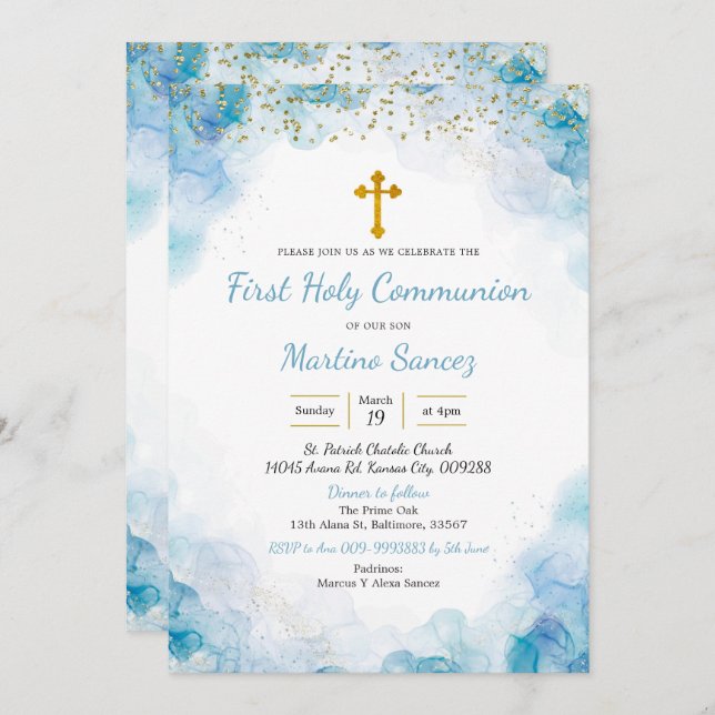 Blue Elegant Cross first communion Invitation (Front/Back)