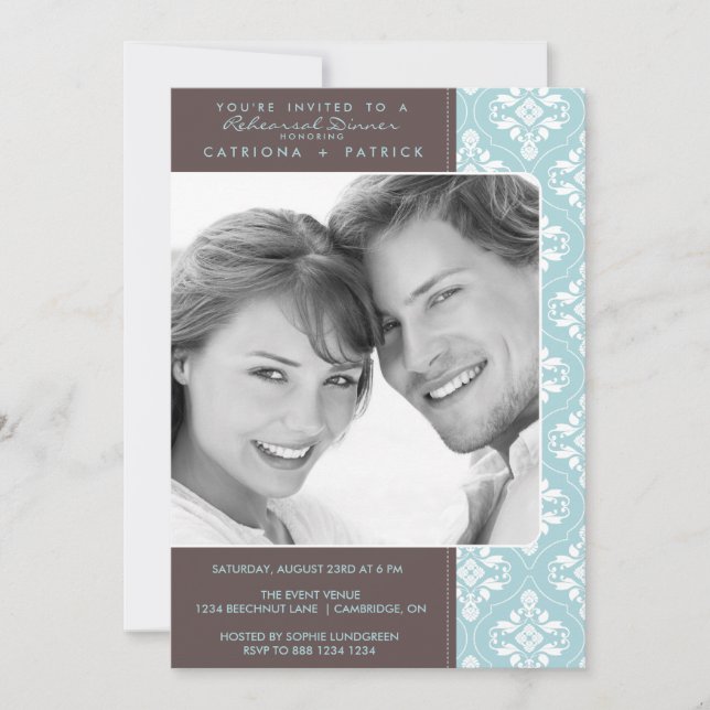 Blue Elegant Damask Photo Rehearsal Dinners Invite (Front)