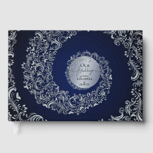 Blue Elegant Damask Wedding Guest Book