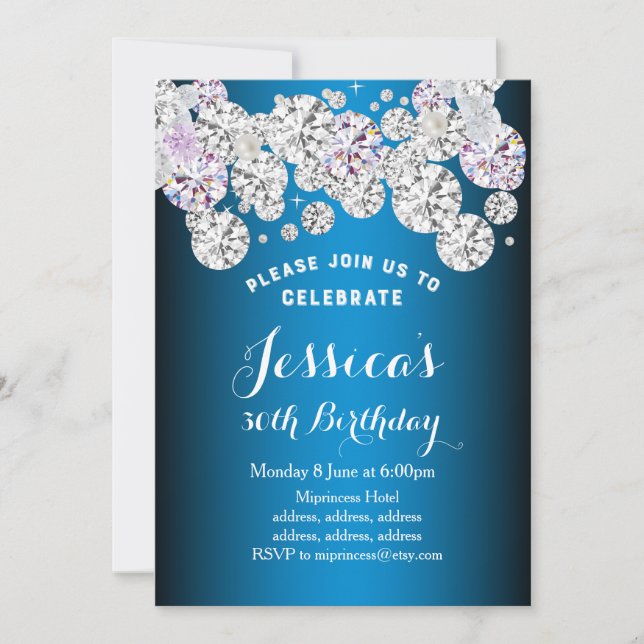 blue elegant diamond, glitter birthday invitation (Front)