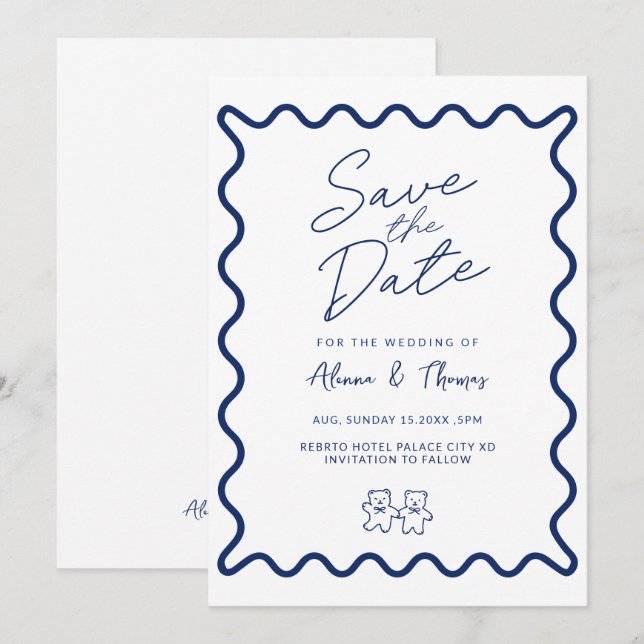 Blue elegant doodle frame Save the date Invitation (Front/Back)