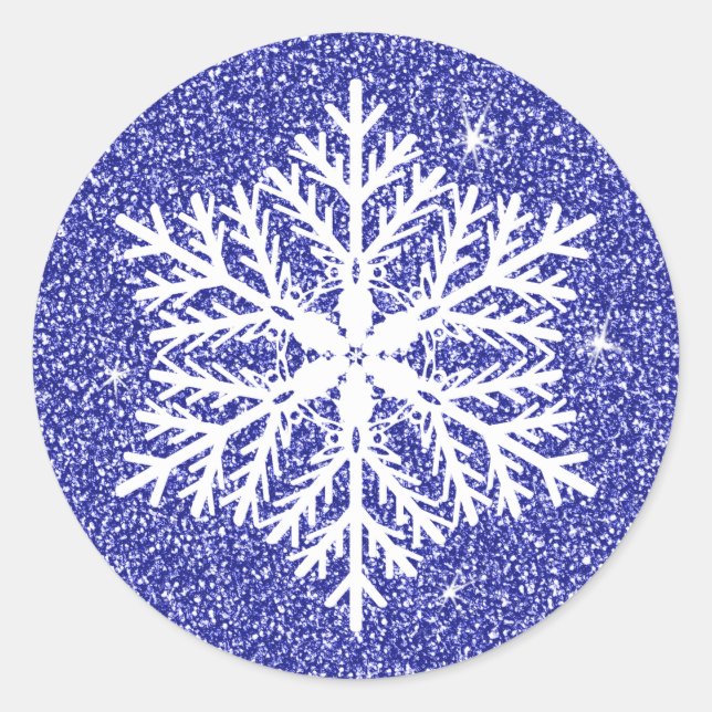 Blue Elegant Faux Glitter Christmas Snowflake Classic Round Sticker (Front)