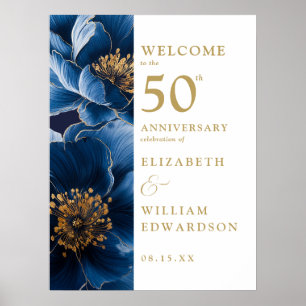 Blue Elegant Floral 50th Anniversary Welcome Sign