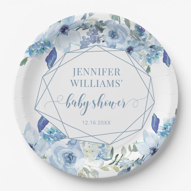 Blue elegant floral baby boy shower paper plates (Front)