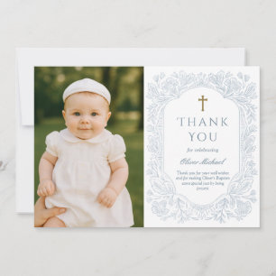 Blue Elegant Floral Baptism Thank You Card