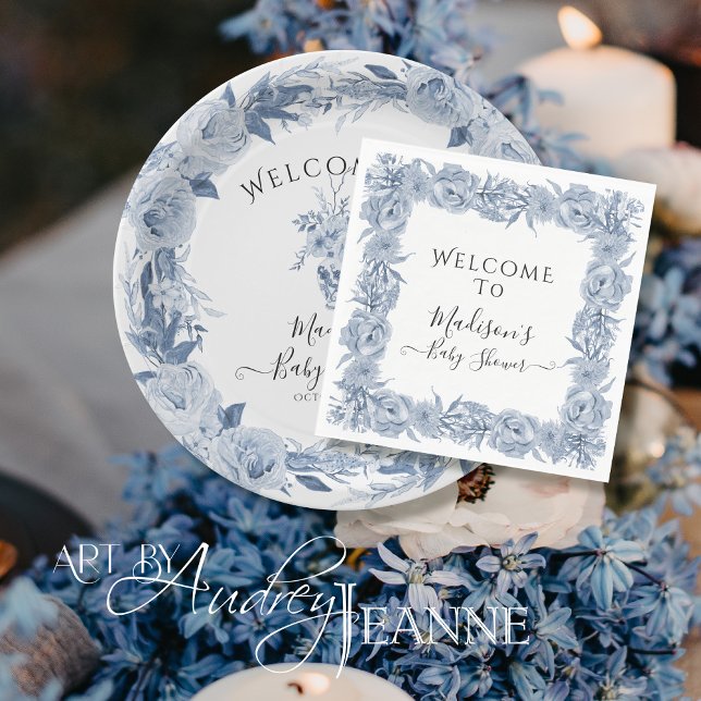 Blue Elegant Floral Chinoiserie Baby Girl Shower Napkin (Creator Uploaded)
