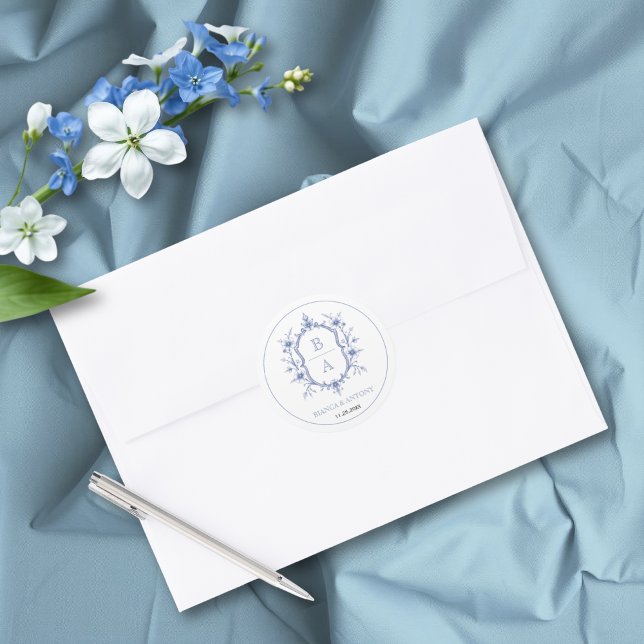 Blue elegant floral crest monogram border wedding classic round sticker (Creator Uploaded)