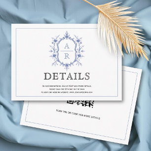Blue elegant floral crest monogram wedding details enclosure card