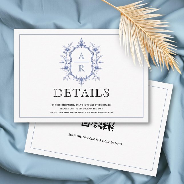 Blue elegant floral crest monogram wedding details enclosure card (Creator Uploaded)