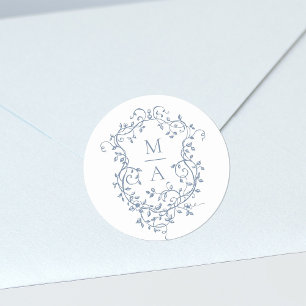 Blue Elegant Floral Crest Monograms Classic Round Sticker