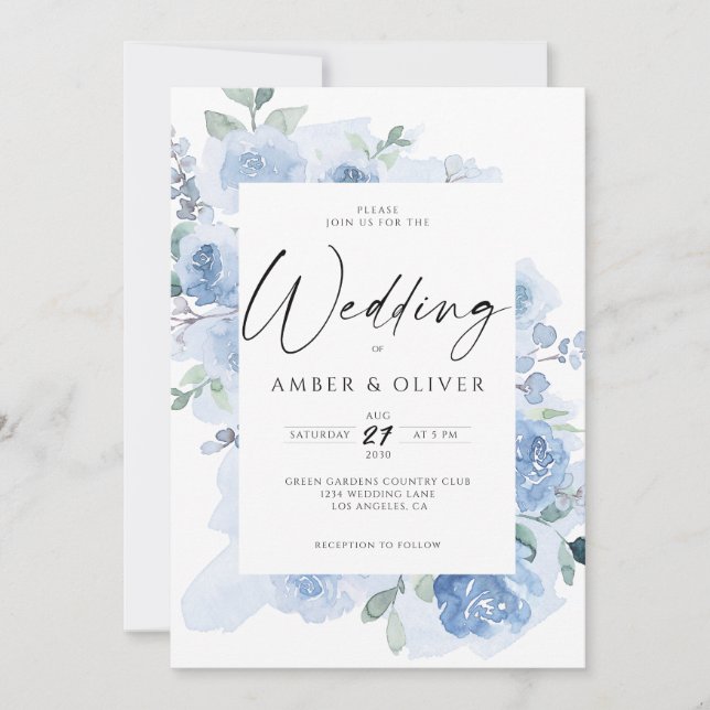 Blue Elegant Floral Light Dusty Blue Boho Wedding Invitation (Front)