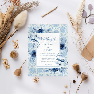 Blue Elegant Floral Modern Wedding Invitation