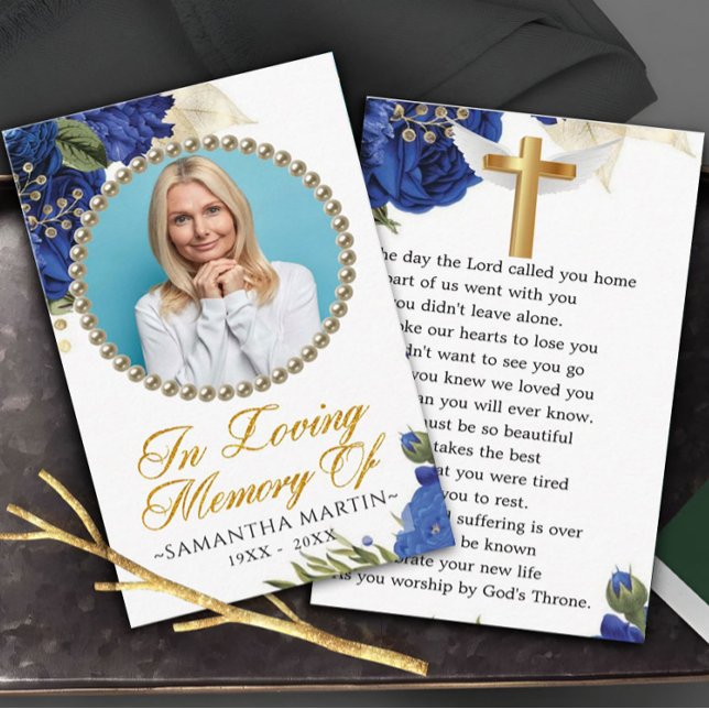  Blue Elegant Floral Photo Funeral Prayer Card (Creator Uploaded)
