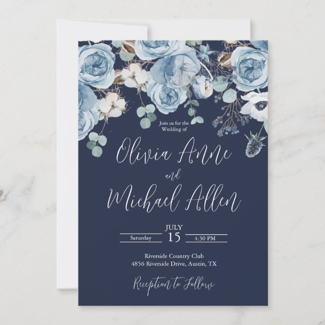 Blue Elegant Floral Script Wedding Invitation (Front)