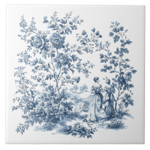 Blue Elegant Floral Toile Vintage Design Tile
