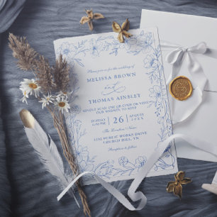 Blue Elegant Floral Vintage Budget QR Code Wedding Invitation