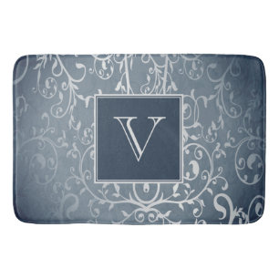 Blue Elegant Flourish Monogram Bath Mat
