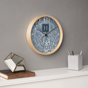 Blue Elegant Flourish Monogram Clock