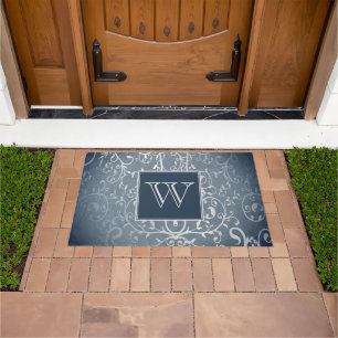 Blue Elegant Flourish Monogram Doormat