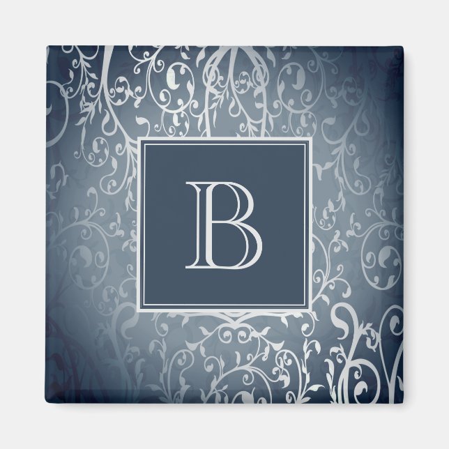 Blue Elegant Flourish Monogram Magnet (Front)