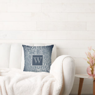 Blue Elegant Flourish Monogram Throw Pillow