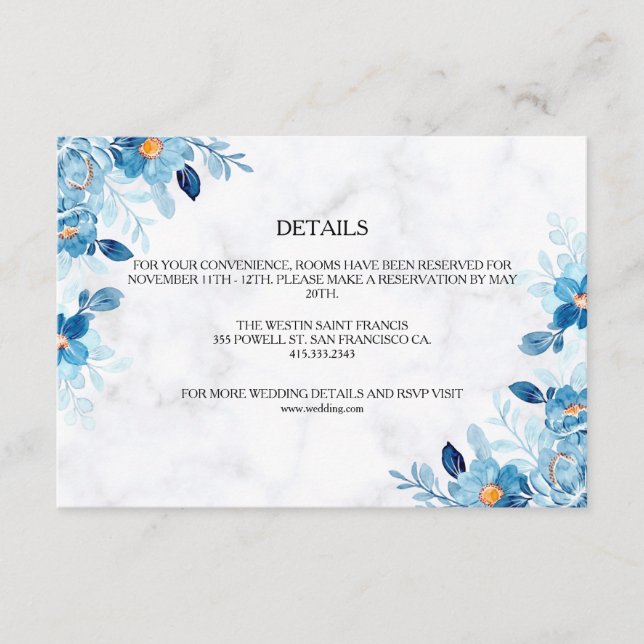 Blue Elegant flower summer wedding Enclosure Card (Front)