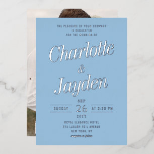 Blue Elegant Foil Script Photo Wedding
