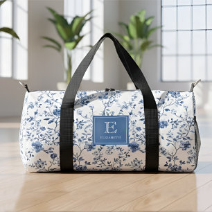 Blue Elegant French Toile Pattern Monogram Name Duffle Bag